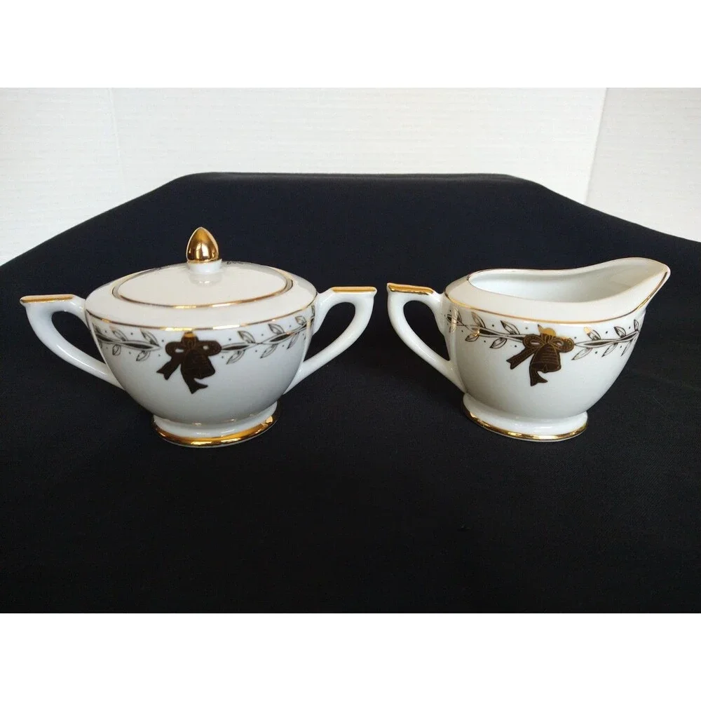 Vintage Lefton China Golden 50th Anniversary Gift Set Creamer & Sugar Bowl W/Lid